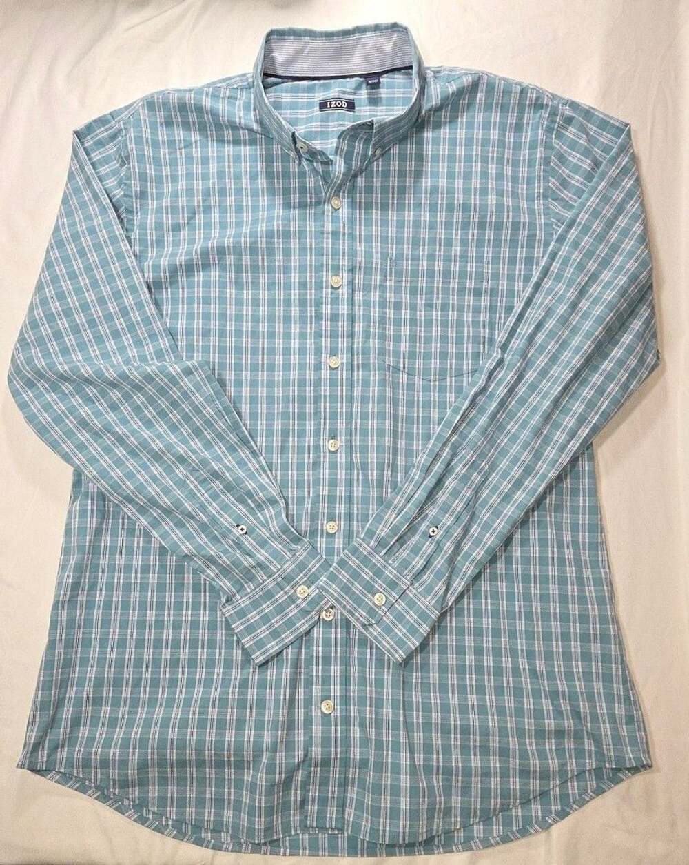 IZOD Plaid Button Down Shirt Size XLT/XLT Blue Green Long Sleeve